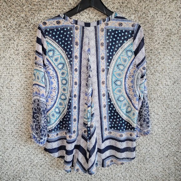 Lucky Brand Top Womens Small Oversized Blue Sheer Printed Hi Low‎ Blouse - Picture 7 of 7